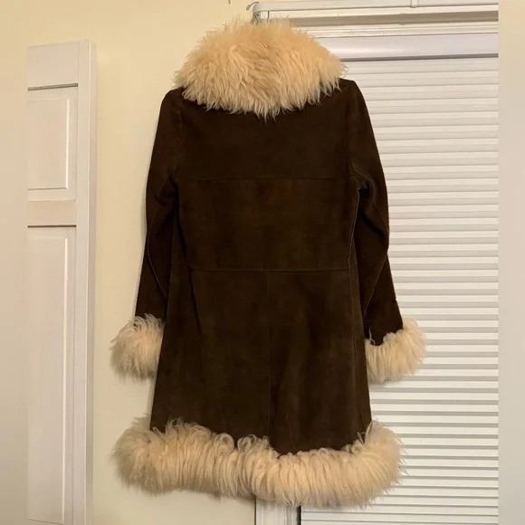 Vintage Brown Suede Penny Lane Afghan Coat With Cream Shearling Fur Trim - Picture 2 of 8